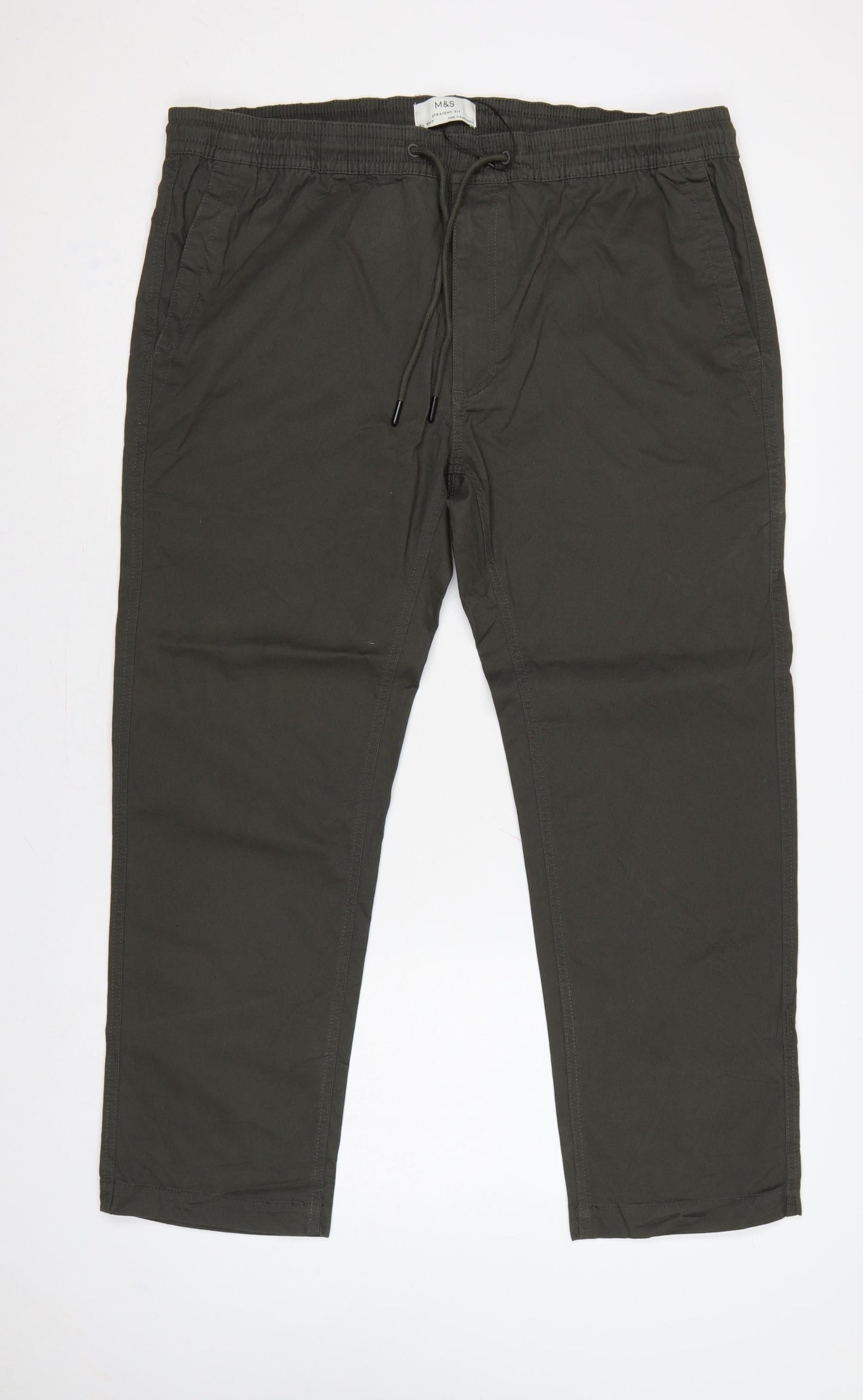 Marks and Spencer Men's Green XL Straight Fit Drawstring Trousers