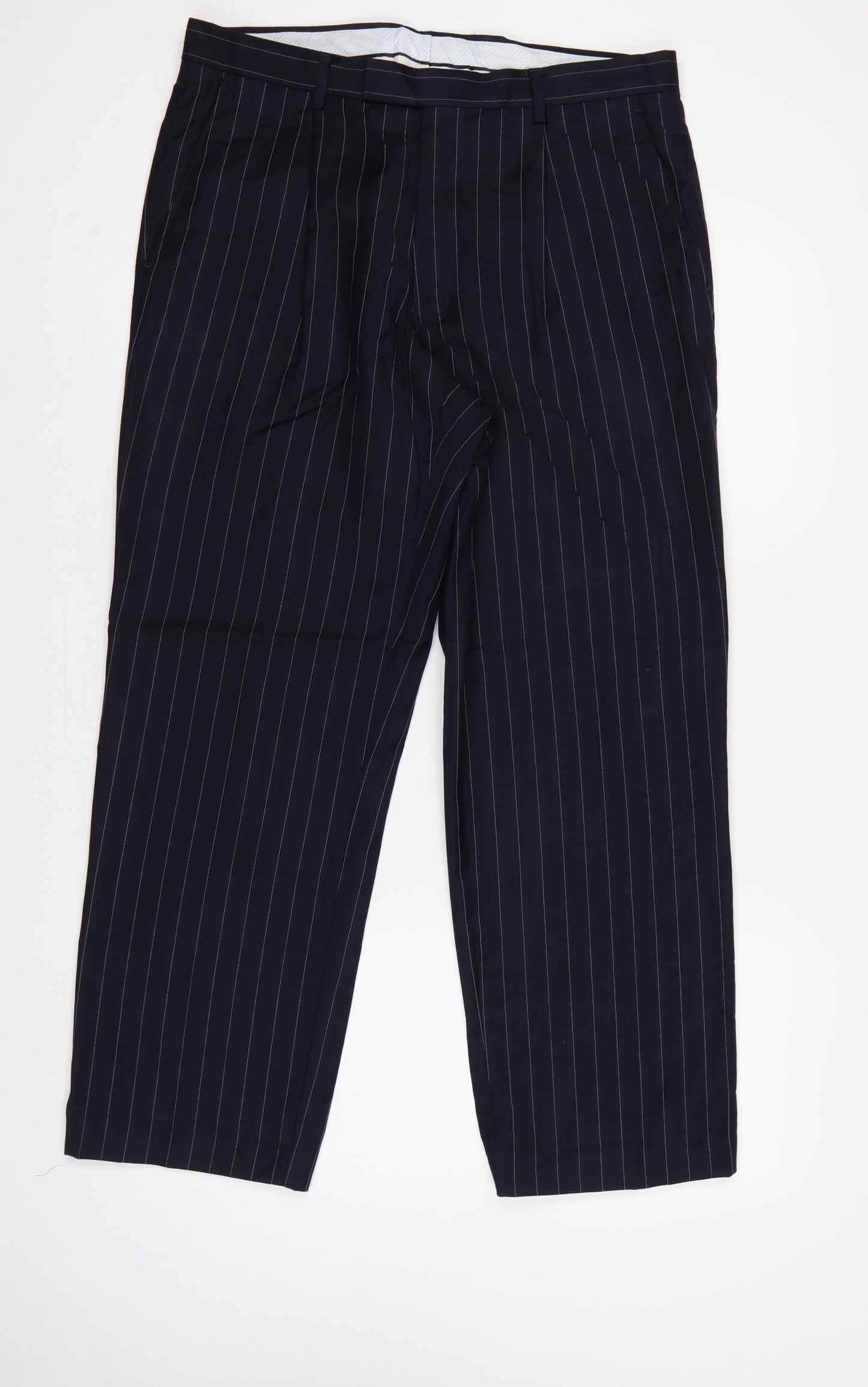 Marks & Spencer Men Blue Pinstripe Wool Dress Trousers 34 33
