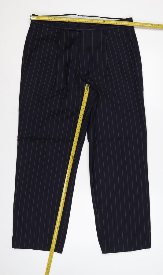 Marks & Spencer Men Blue Pinstripe Wool Dress Trousers 34 33