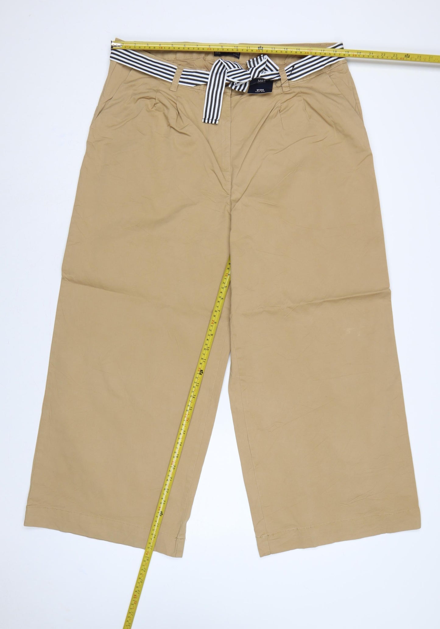 M&S Women’s Beige UK 20 High Rise Wide Leg Belted Trousers