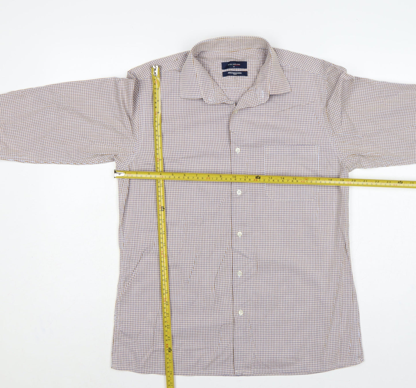 Peter England Men’s Beige Check Cotton Shirt Size 40 Regular Button-Up