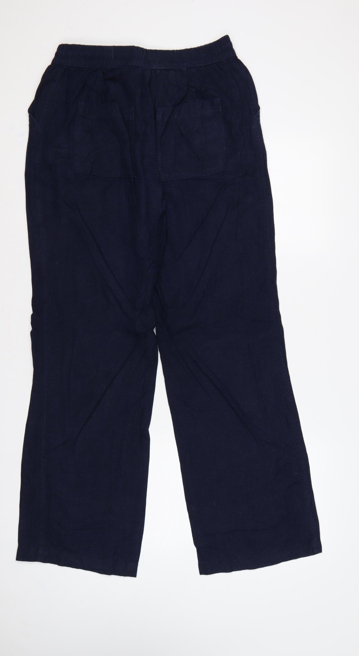 Next Women Blue UK 12 Long Linen Blend Drawstring Wide-Leg Trousers