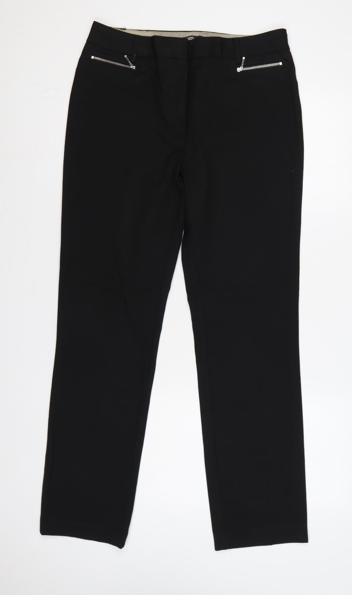 Marks and Spencer Women Black UK 12 Straight Tailored Trousers Zip Pockets