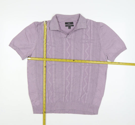 Marks and Spencer Men's Purple M Cable Knit Collared Short Sleeve Jumper