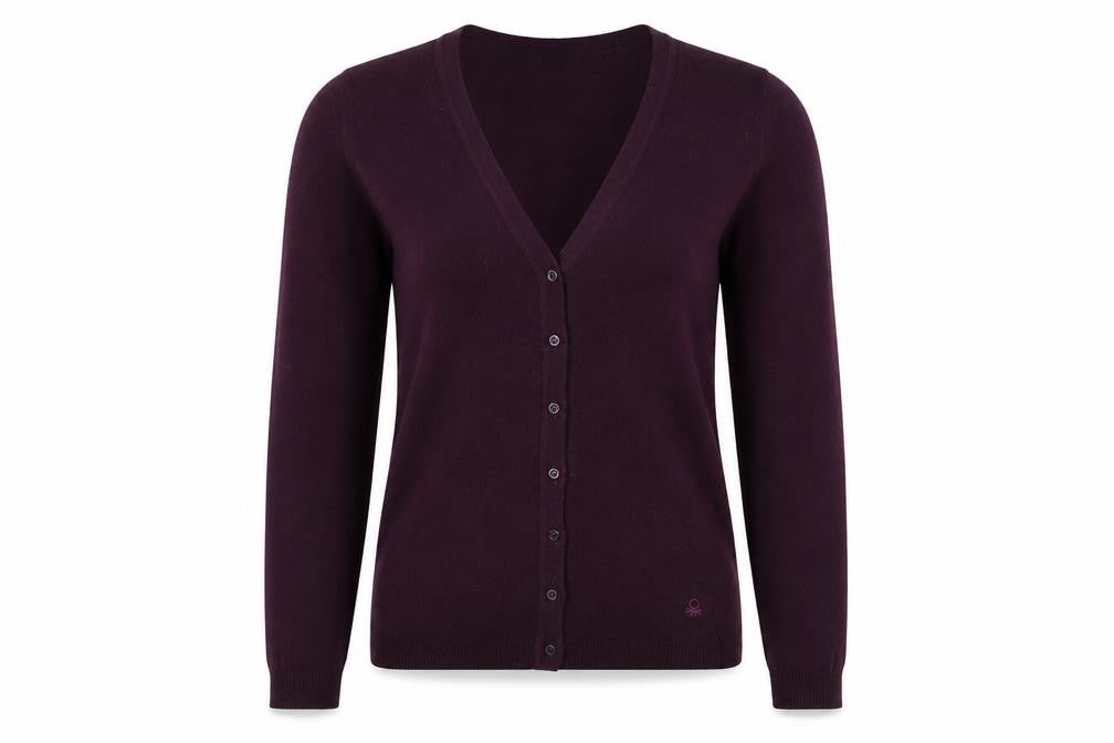 Benetton Women’s Purple XS 100% Wool V-Neck Button Cardigan