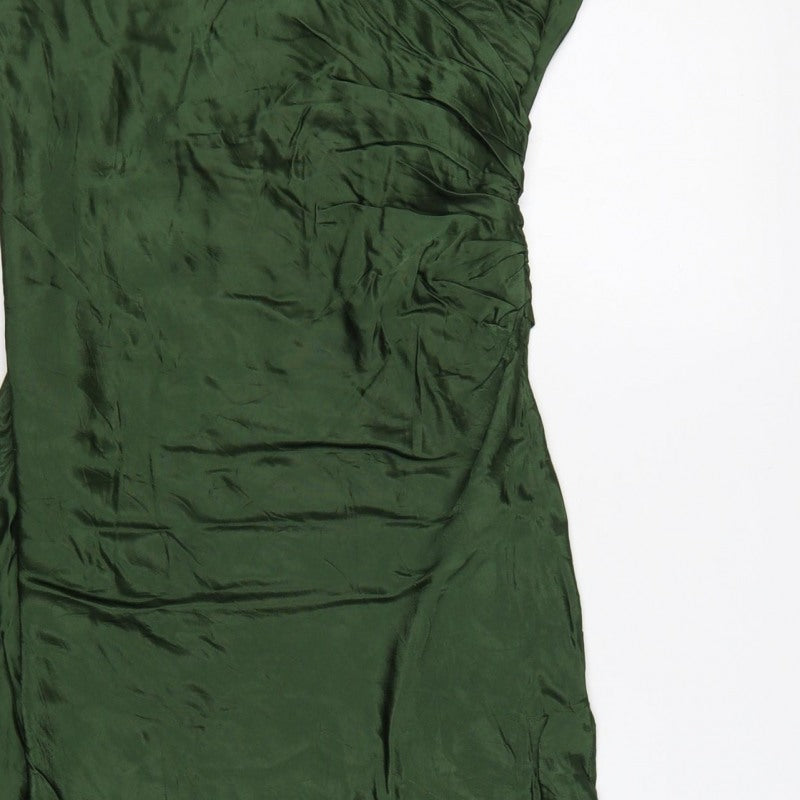 Zara Women Green Satin Strappy Ruched Long Slip Dress Size L