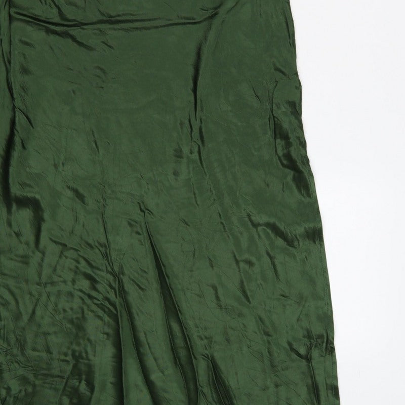 Zara Women Green Satin Strappy Ruched Long Slip Dress Size L