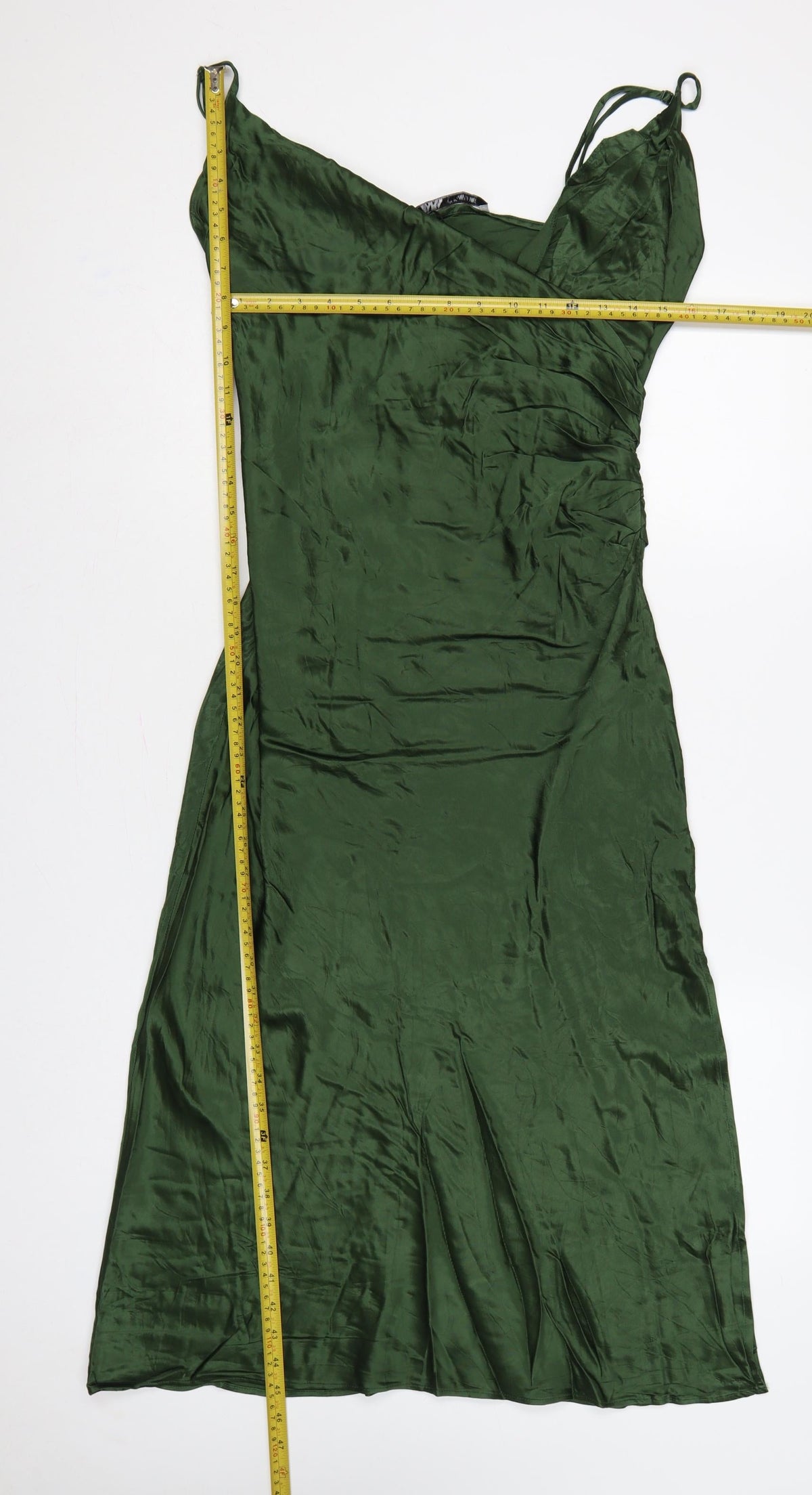 Zara Women Green Satin Strappy Ruched Long Slip Dress Size L