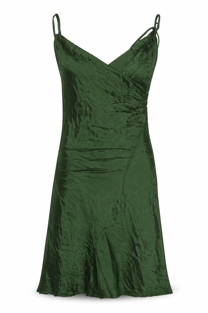Zara Women Green Satin Strappy Ruched Long Slip Dress Size L