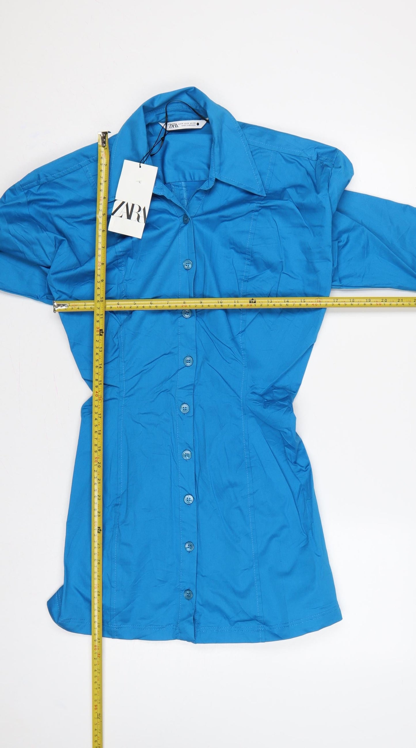 Zara Women Blue M Shirt Dress Collared Button Front Flared Sleeve