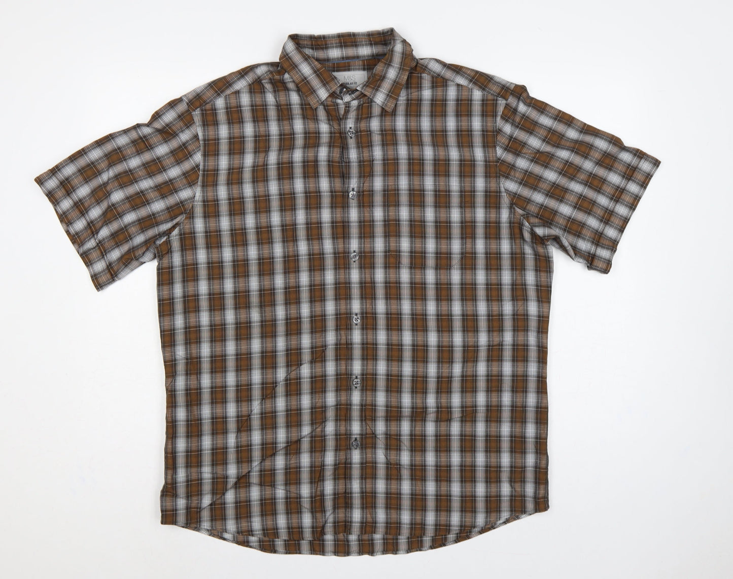M&S Mens Brown Plaid Short Sleeve Button-Down Shirt L Regular Fit