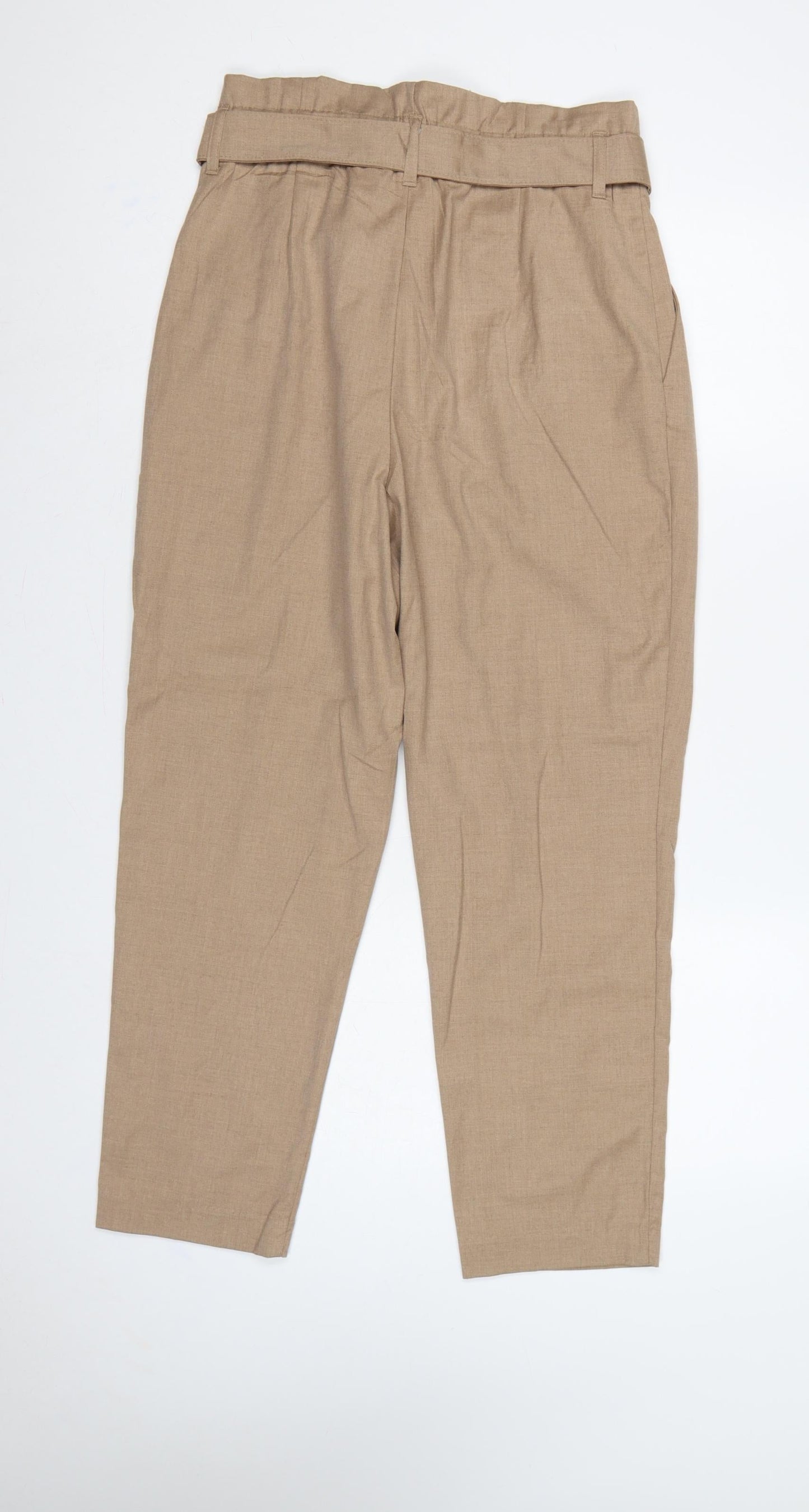 H&M Women Beige UK 12 Paperbag Tapered Belted Trousers