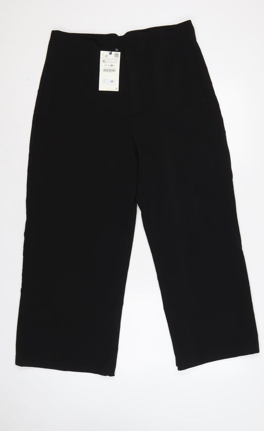Zara Women Black XL High Rise Wide Leg Stretch Trousers Pockets
