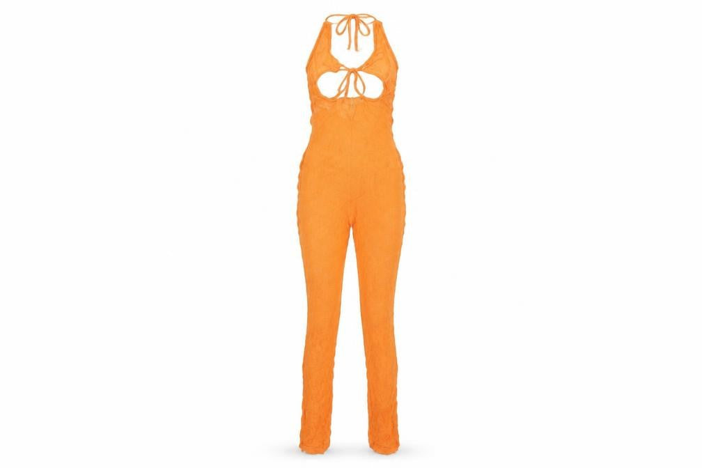 PRETTYLITTLETHING Women Orange UK 6 Sheer Knit Tie Back Jumpsuit