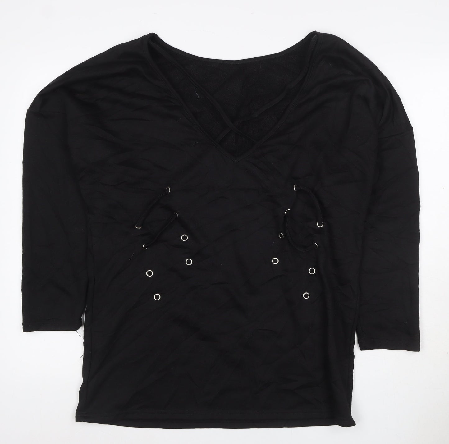 JCL Women’s Black M V-Neck 3/4 Sleeve Lace-Up Detail Jersey Top