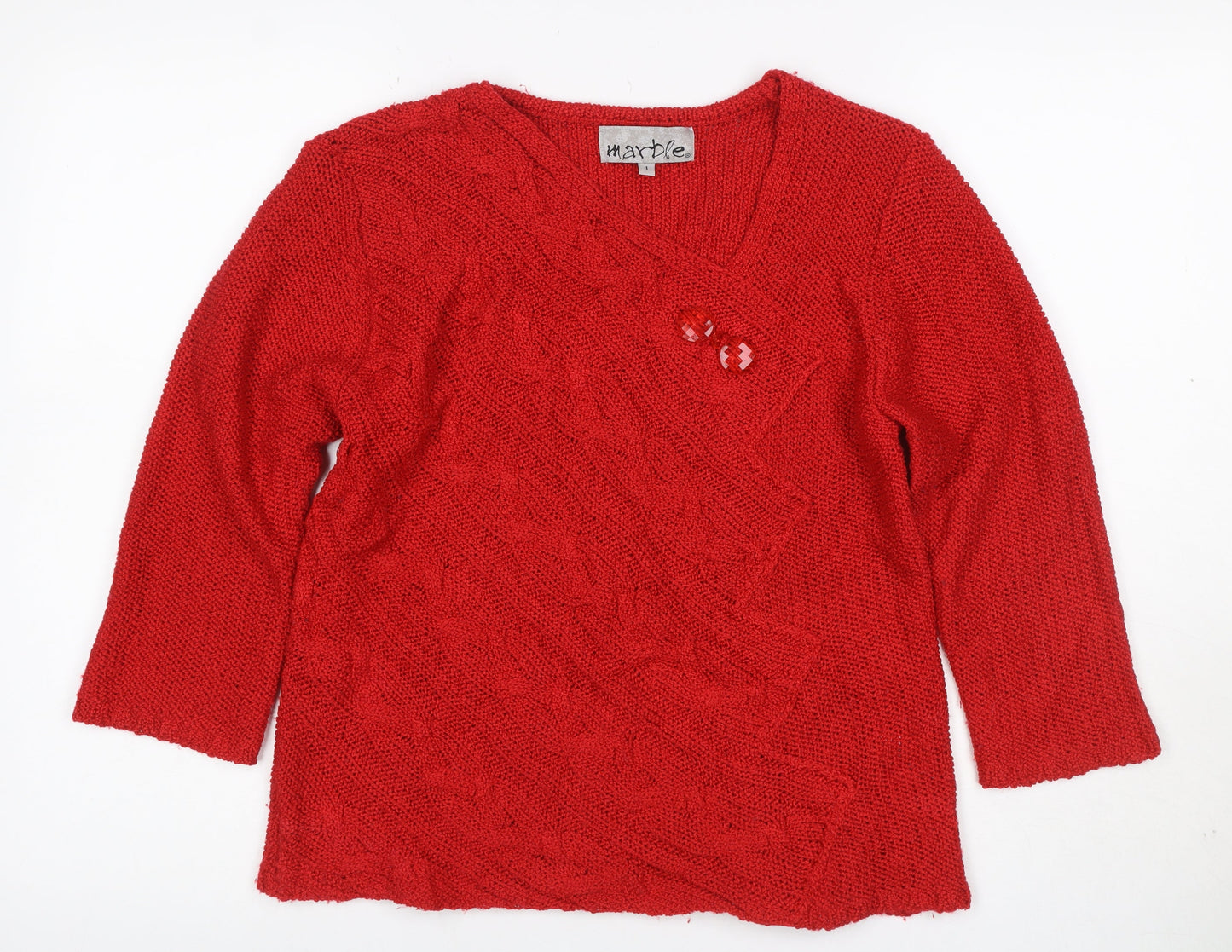 Marble Women Red V-Neck Cable Knit Jumper Size 8 Acrylic
