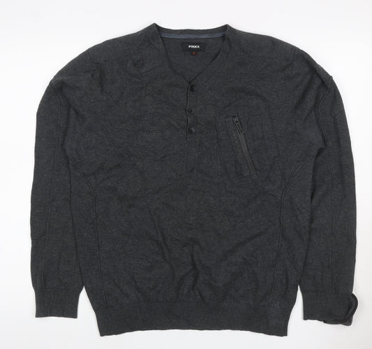 Police Men’s Grey L Cotton Henley Jumper V-Neck Zip Pocket