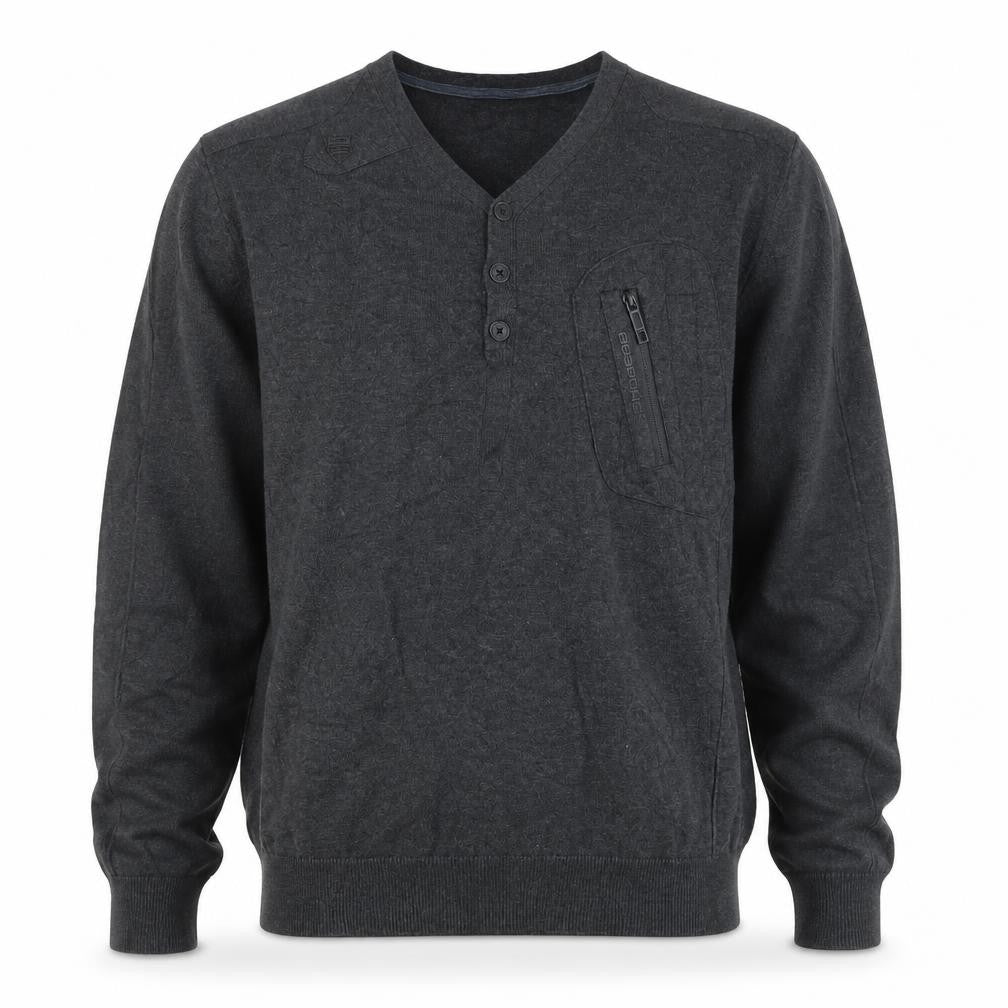 Front view of Police Men’s Grey L Cotton Henley Jumper V-Neck Zip Pocket