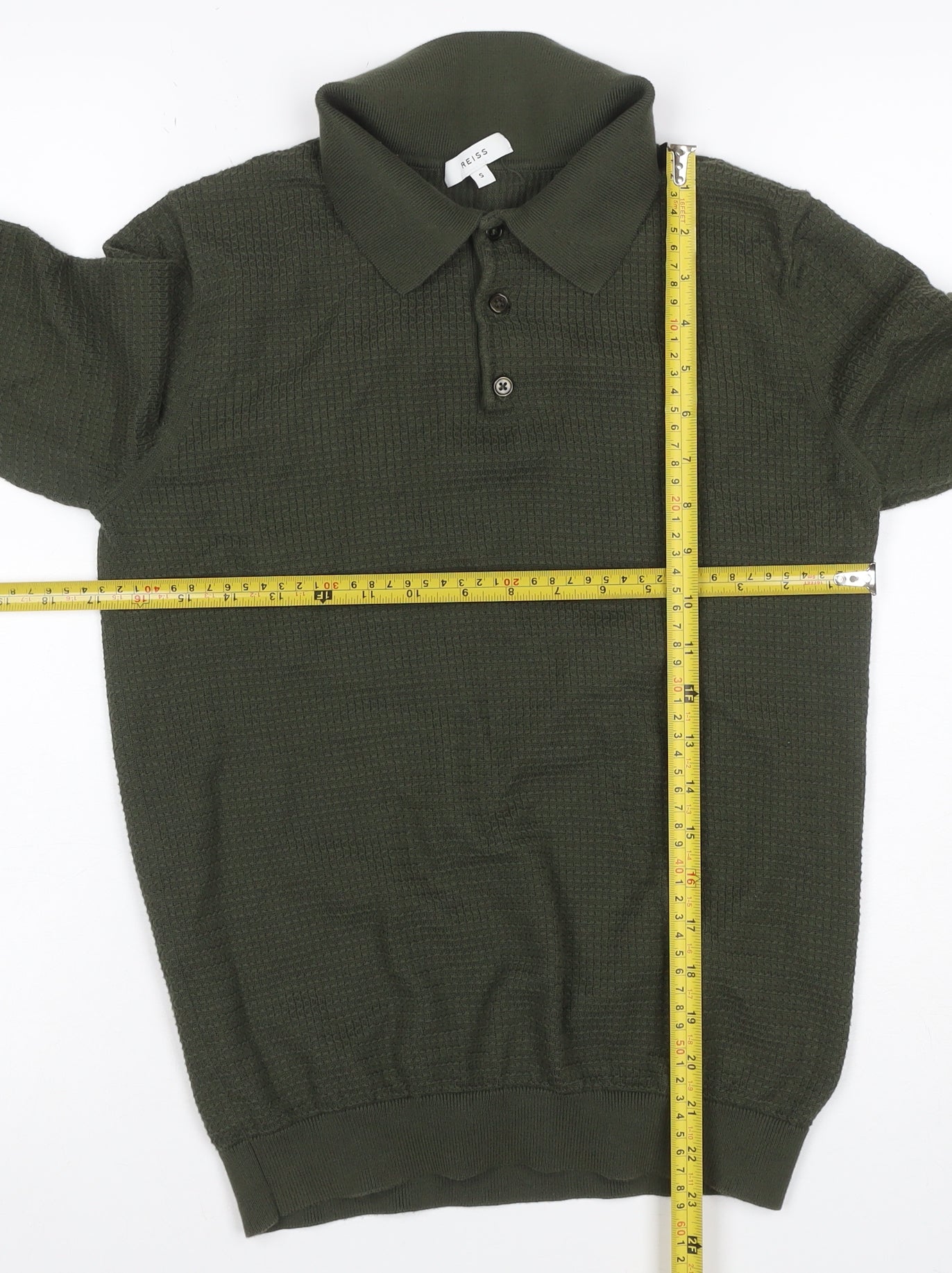 Reiss Mens Green Size S Long Sleeve Textured Knit Polo Shirt