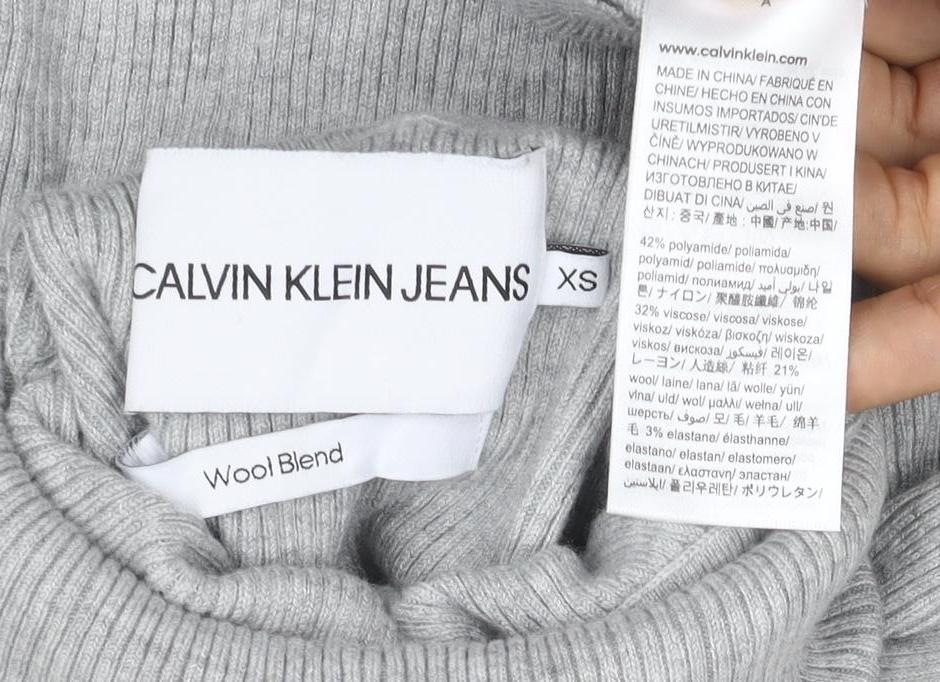 Calvin Klein Jeans Women Grey XS Ribbed Roll Neck Pullover Jumper