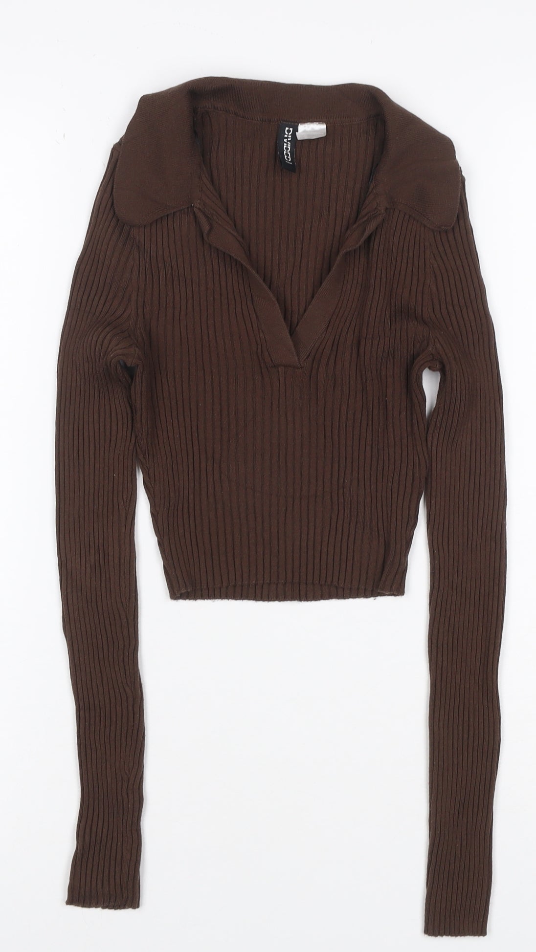 H&M Divided Women Brown UK 6 XS Rib Knit Collared V-Neck Jumper