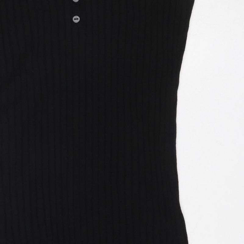 Boohoo Women Black M Ribbed Knit Collared Button Long Jumper Dress