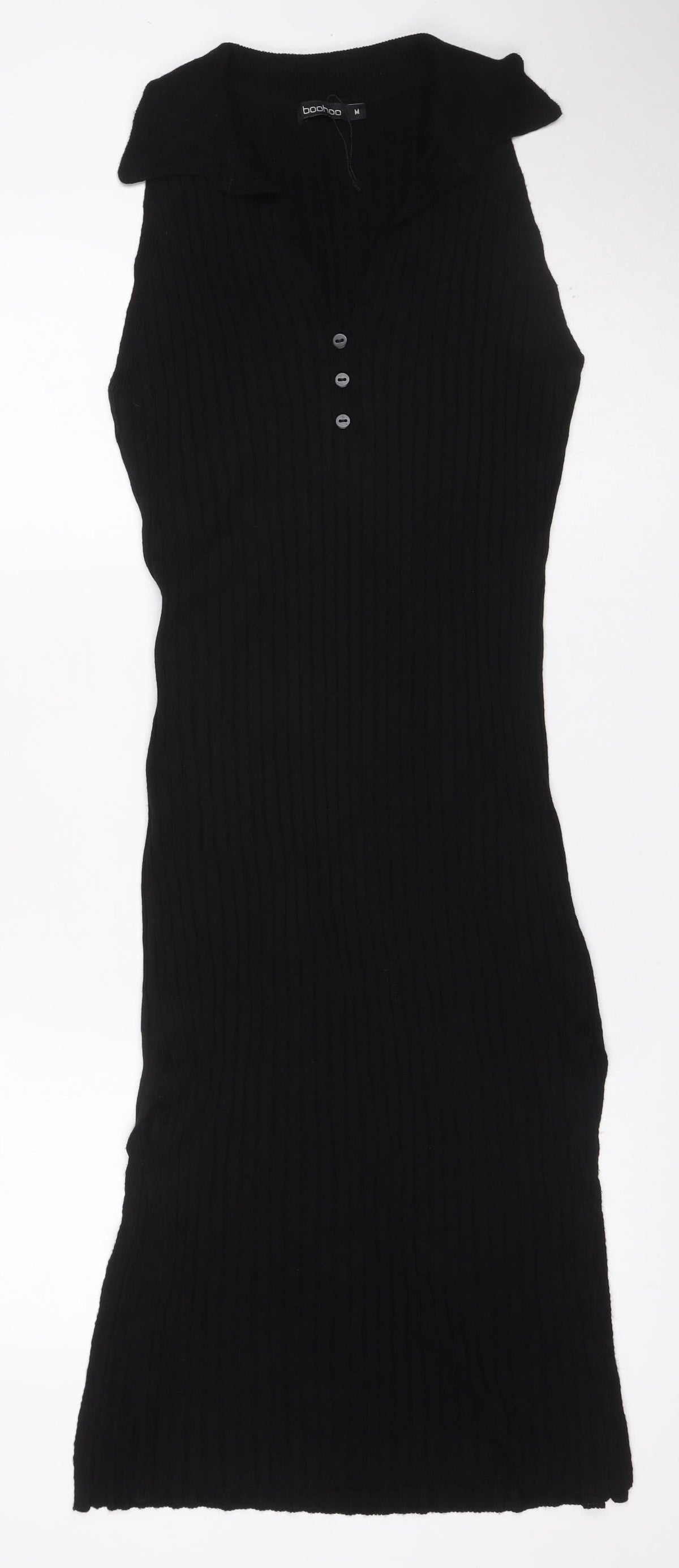 Boohoo Women Black M Ribbed Knit Collared Button Long Jumper Dress