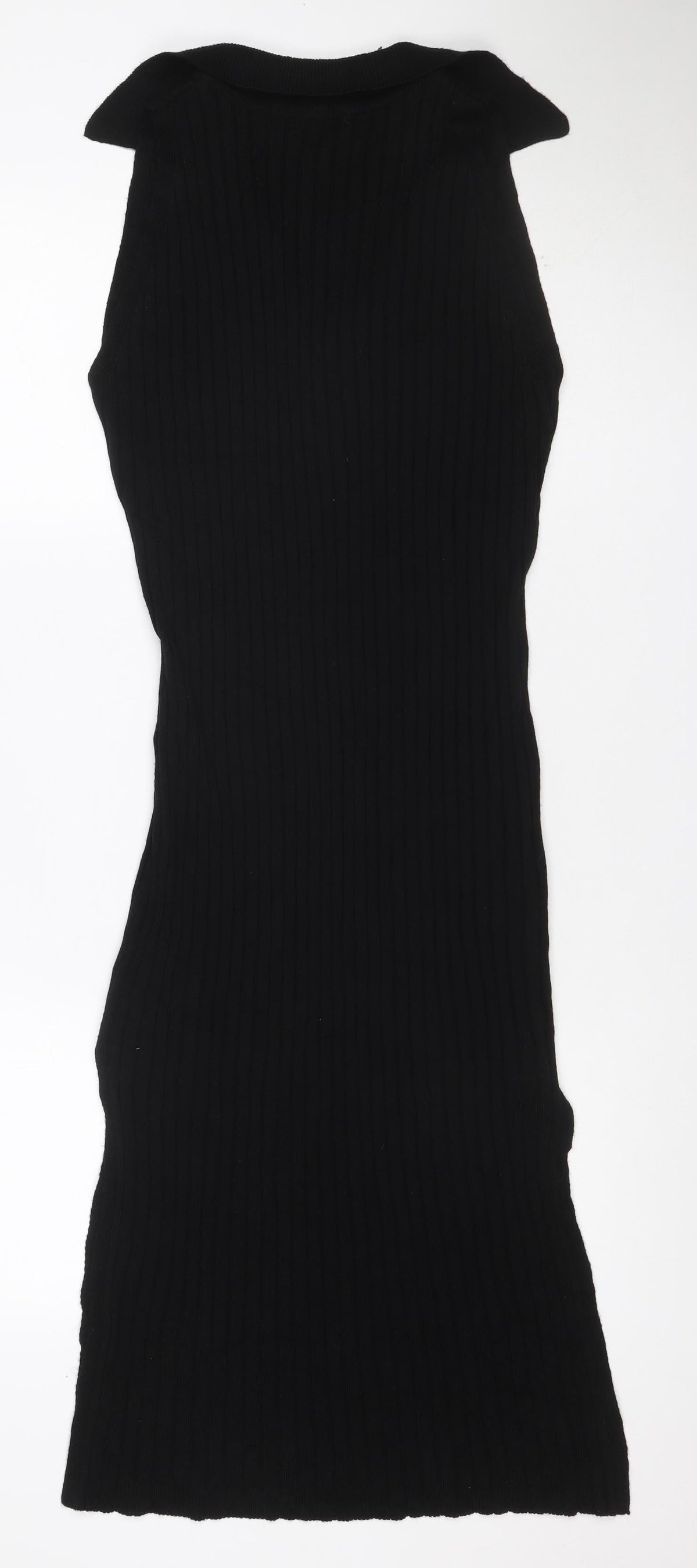 Boohoo Women Black M Ribbed Knit Collared Button Long Jumper Dress
