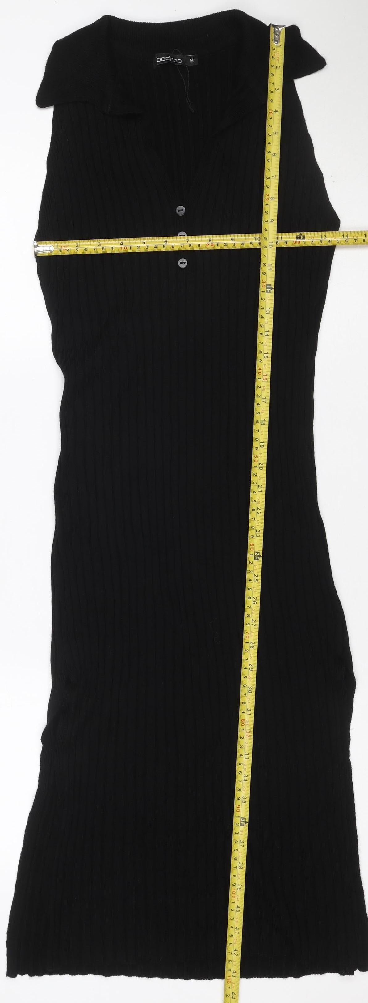 Boohoo Women Black M Ribbed Knit Collared Button Long Jumper Dress