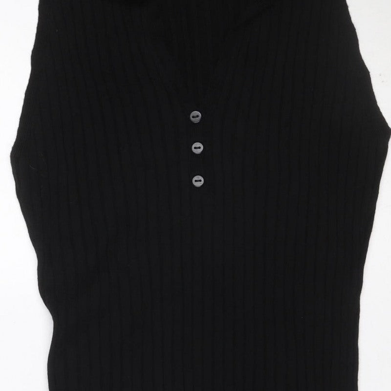 Boohoo Women Black M Ribbed Knit Collared Button Long Jumper Dress