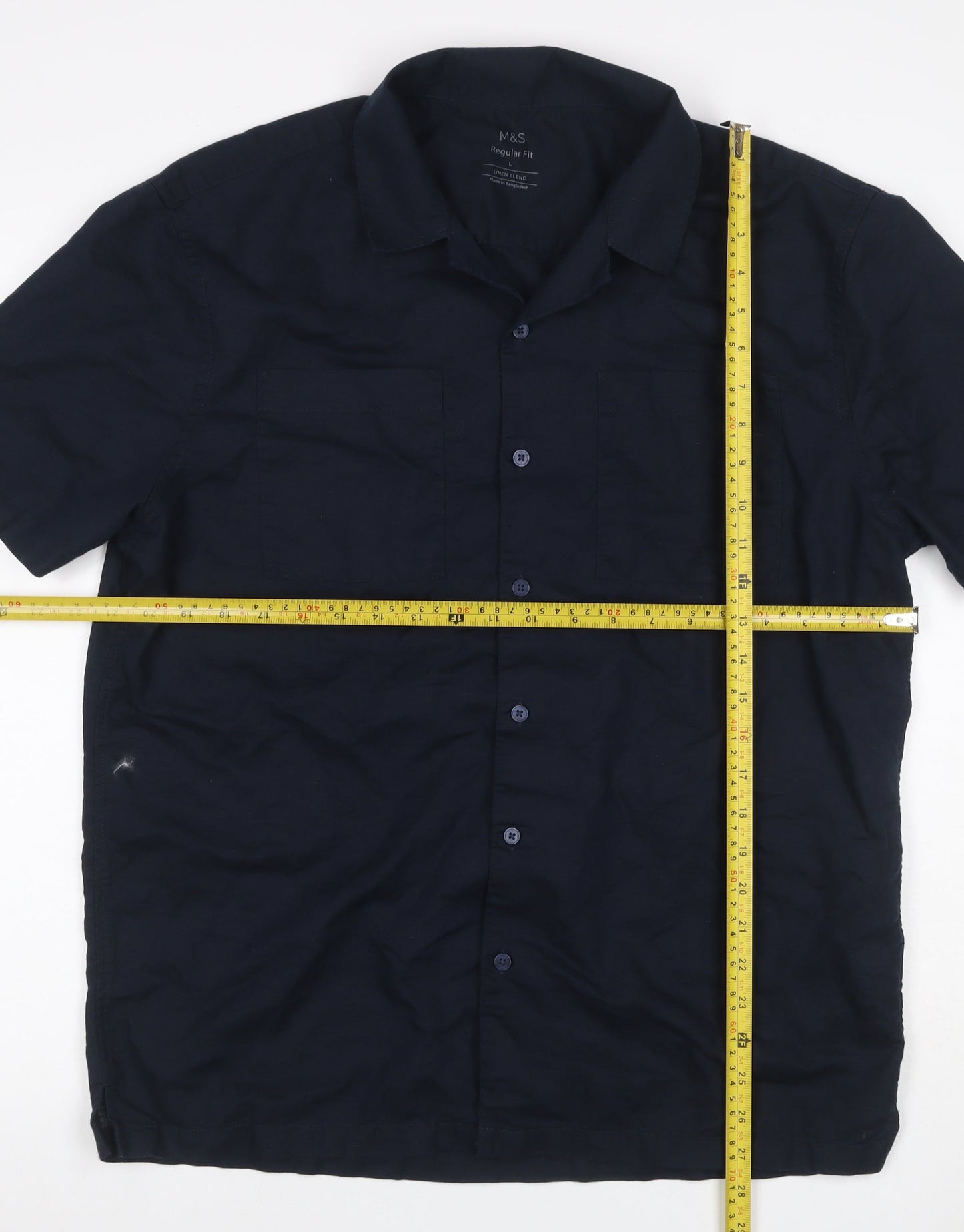 Marks and Spencer Men's Blue L Regular Fit Linen Blend Short Sleeve Shirt