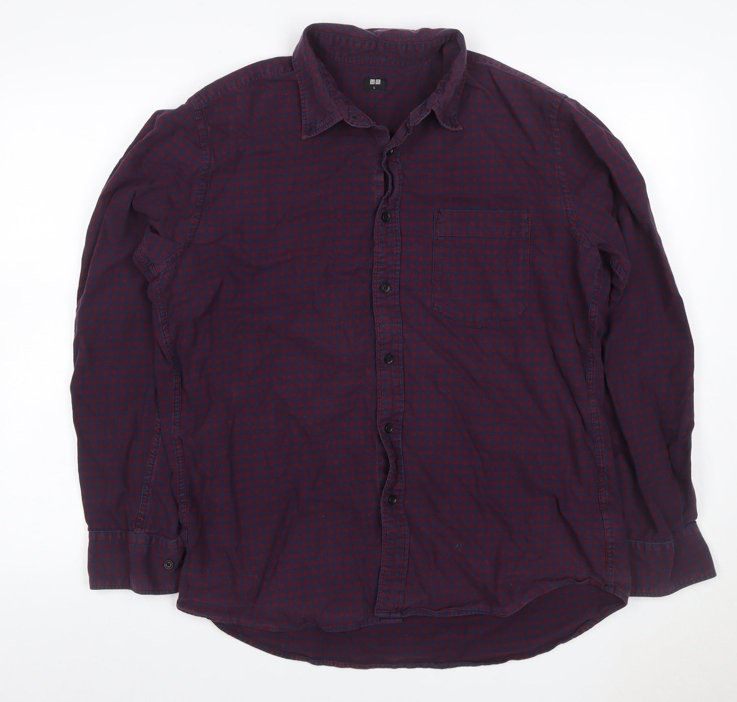 Uniqlo Men's Blue Red Check Cotton Button-Up Shirt L