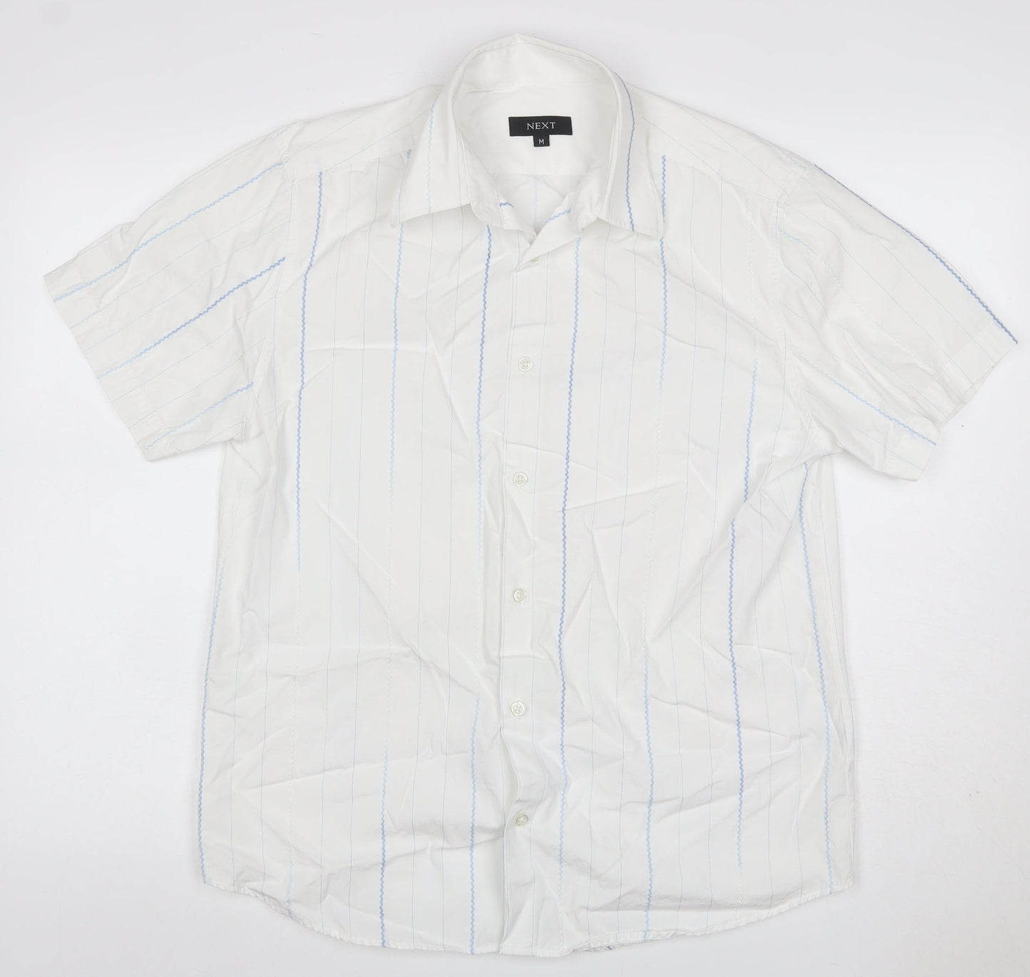 Next Men’s White Blue Stripe Cotton Short Sleeve Button-Up Shirt M