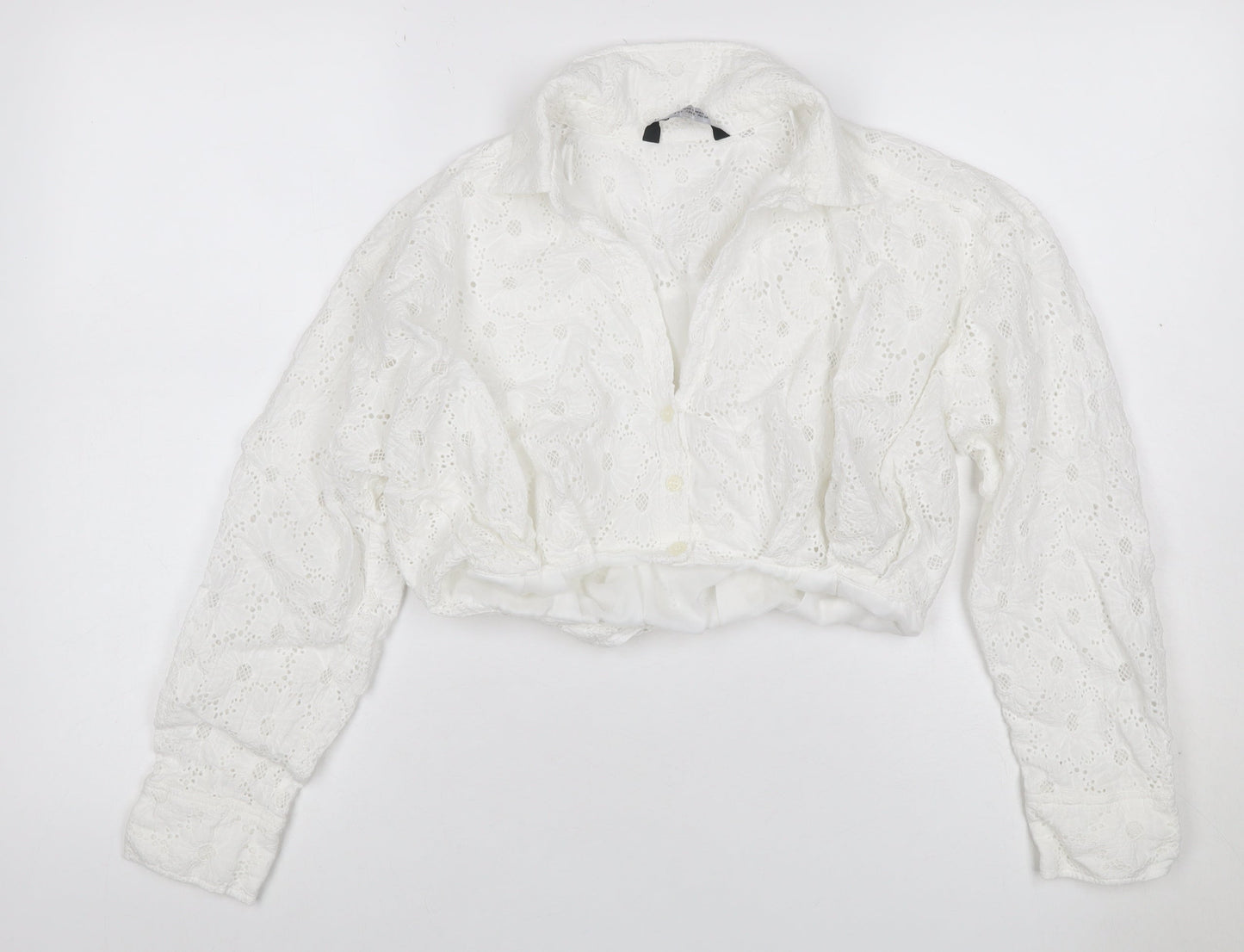 Zara Women White S Cropped Floral Broderie Anglaise Button-Up Blouse