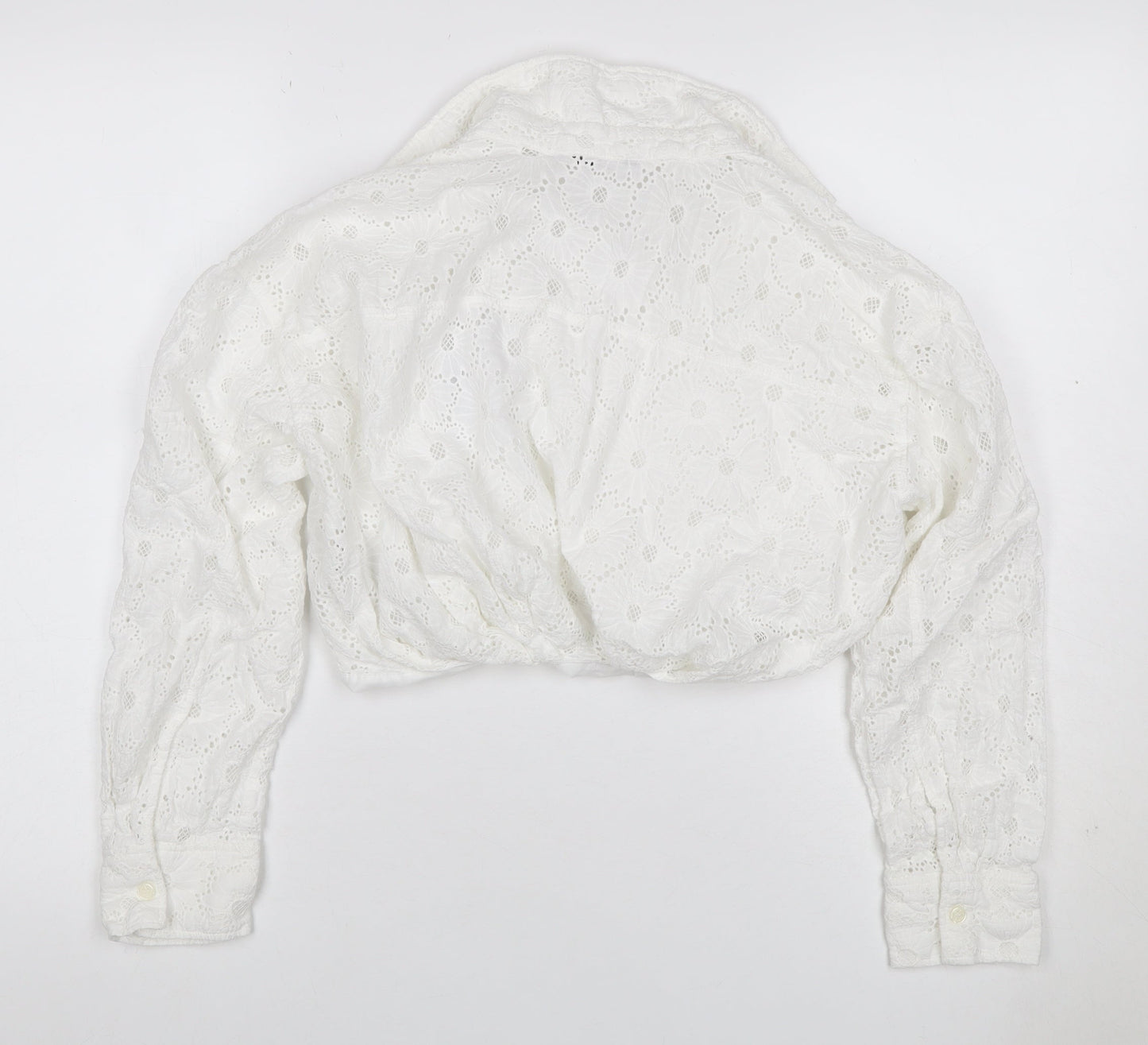 Zara Women White S Cropped Floral Broderie Anglaise Button-Up Blouse