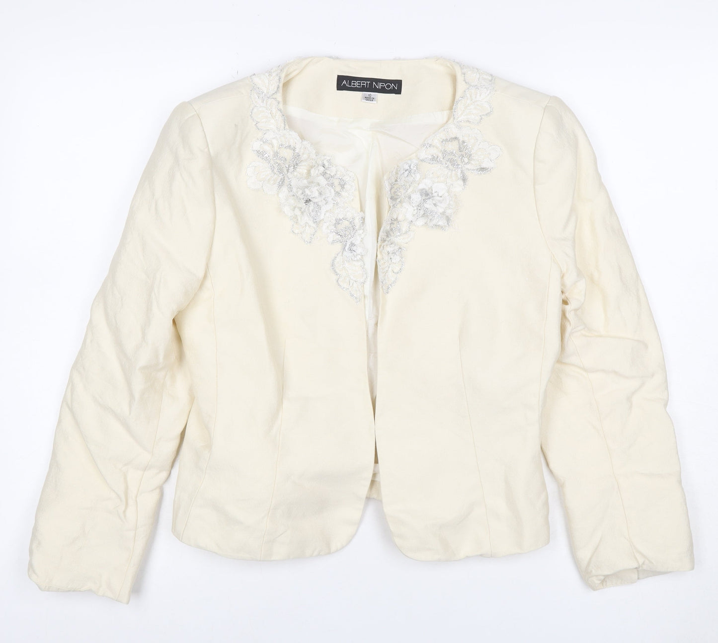 Albert Nipon Women Ivory UK 10 Floral Embroidered Wool Silk Jacket
