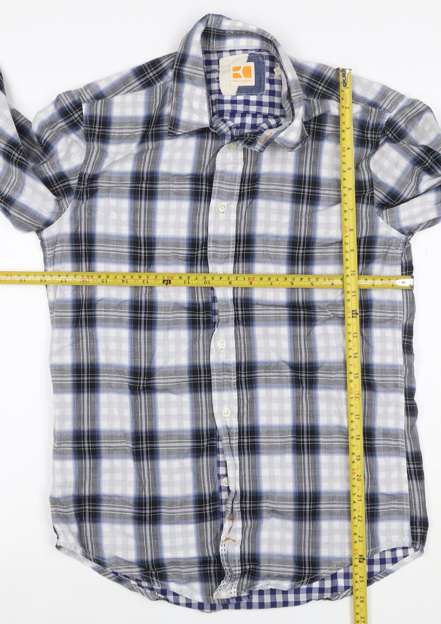 Hugo Boss Orange Men’s Blue Grey Check Cotton Shirt Size S