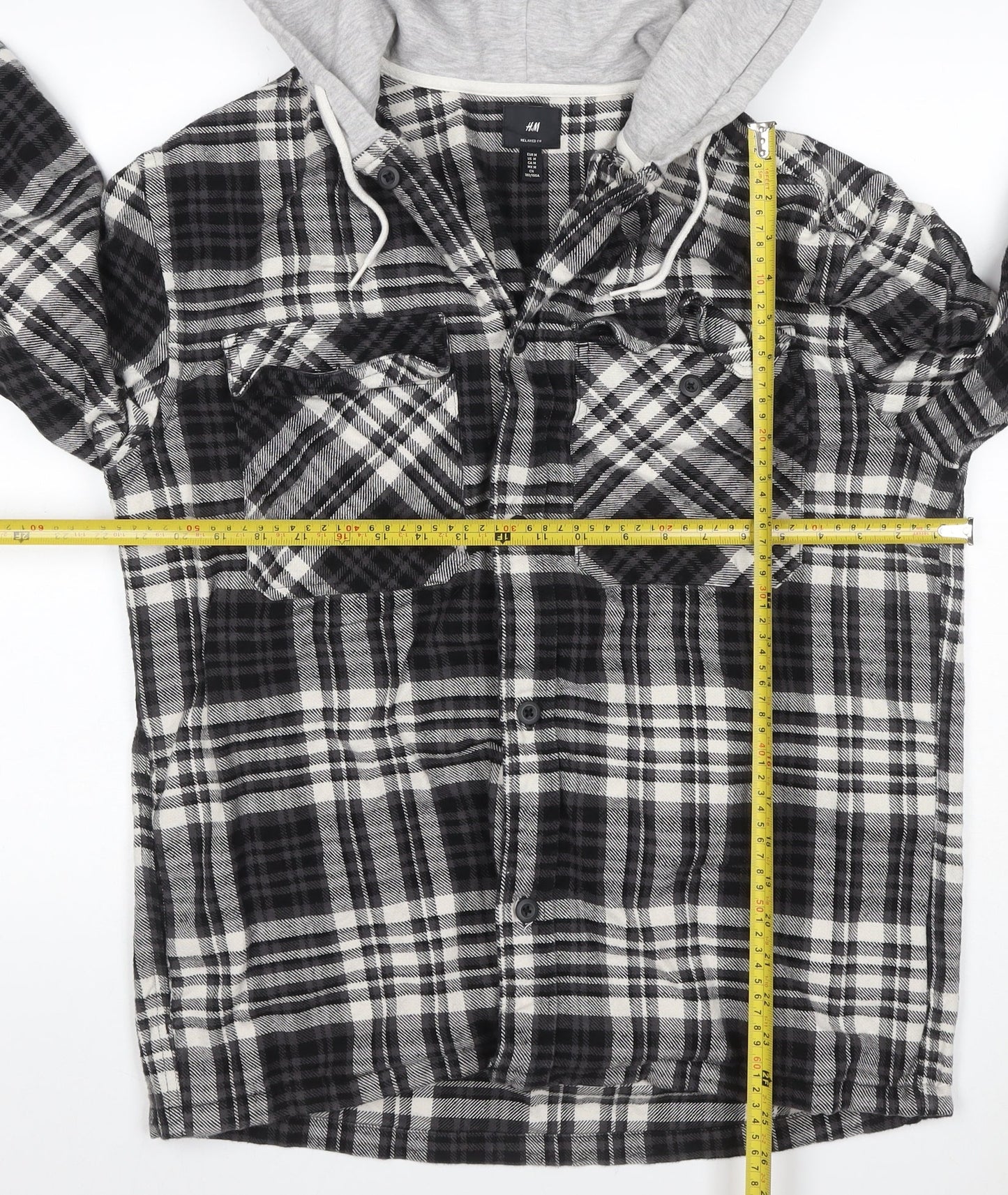 H&M Men’s Black Grey Plaid Hooded Shacket Jacket Size M