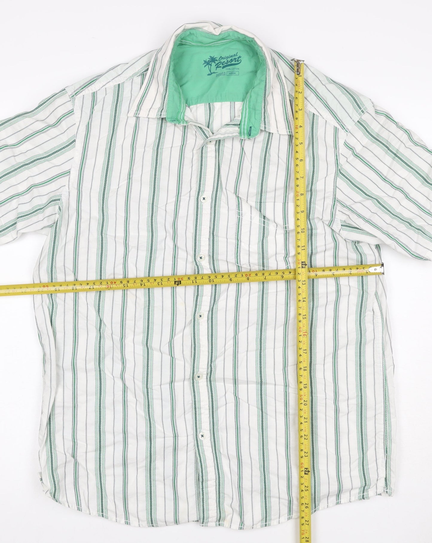 Marks and Spencer Men White Green Striped Cotton Resort Shirt M