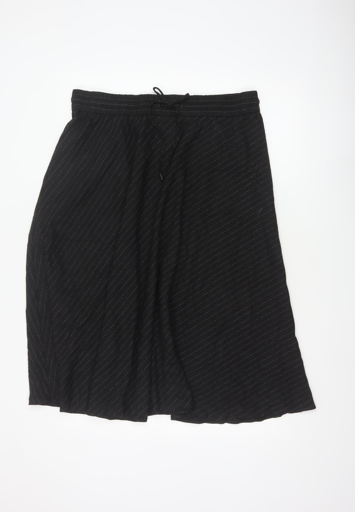M&S Women Black Pinstripe Flared Midi Skirt Size 16 Elastic Waist