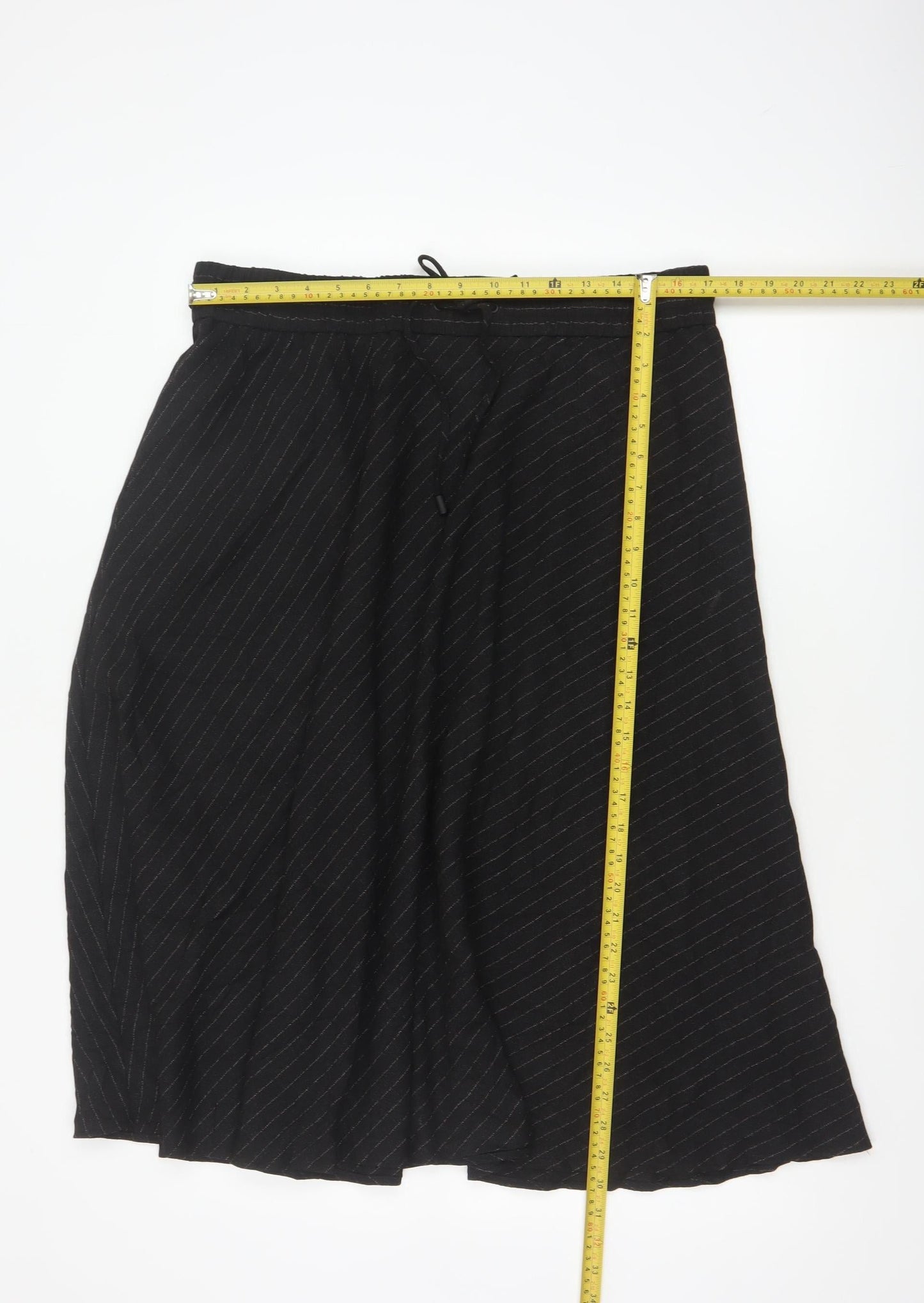 M&S Women Black Pinstripe Flared Midi Skirt Size 16 Elastic Waist