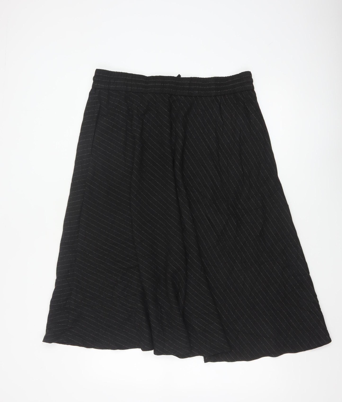M&S Women Black Pinstripe Flared Midi Skirt Size 16 Elastic Waist