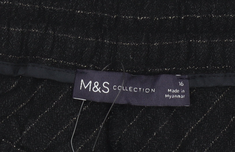 M&S Women Black Pinstripe Flared Midi Skirt Size 16 Elastic Waist