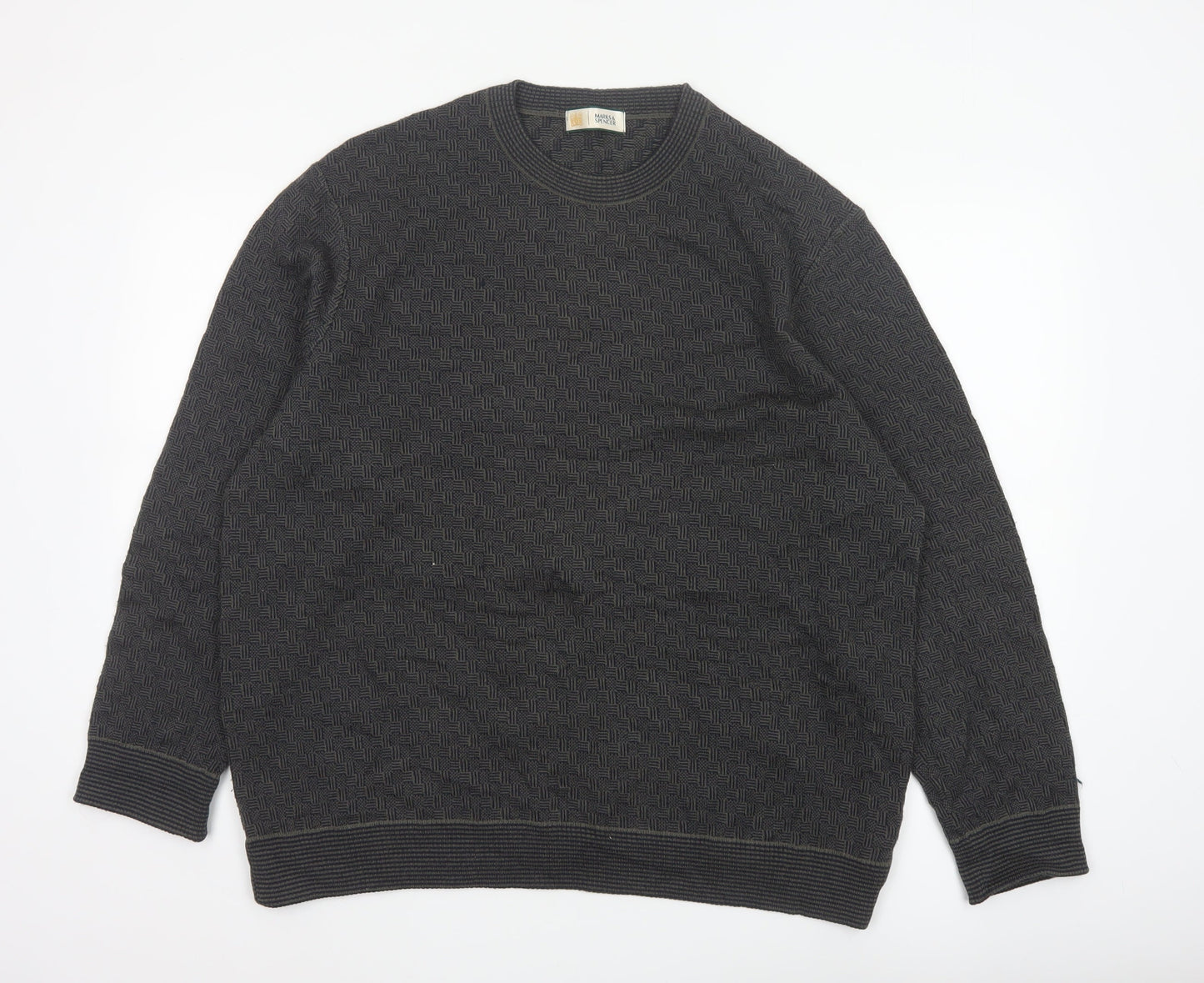 Marks and Spencer Men's Grey XL Merino Wool Blend Geometric Crew Jumper