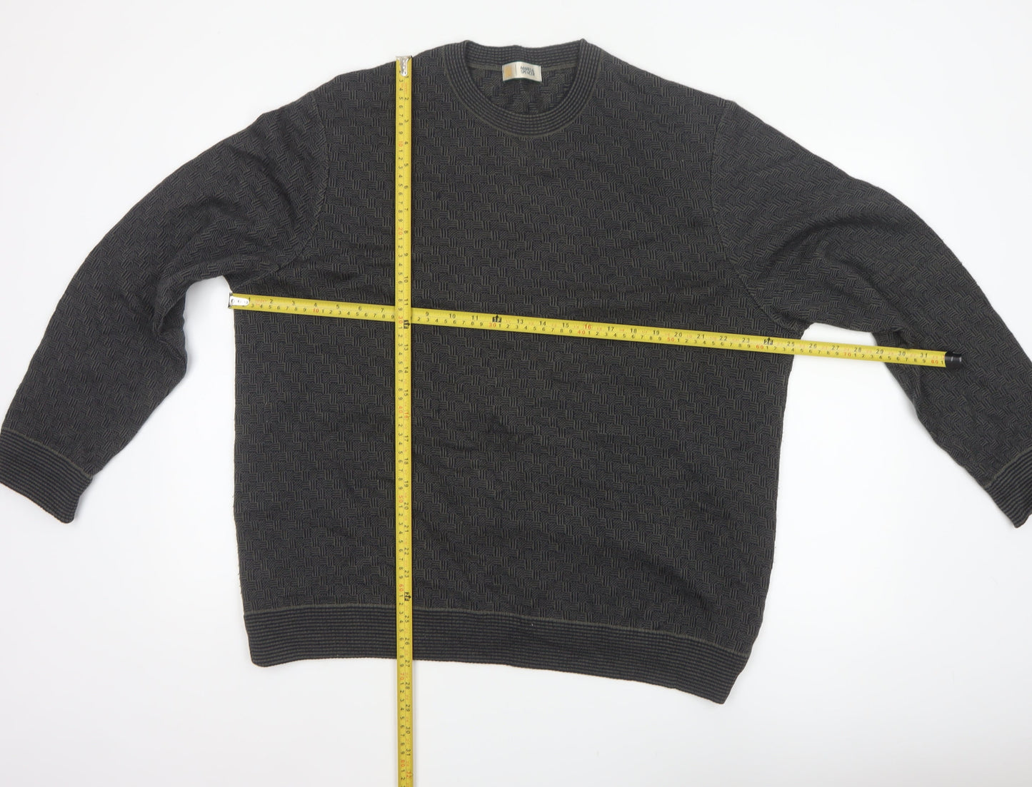 Marks and Spencer Men's Grey XL Merino Wool Blend Geometric Crew Jumper