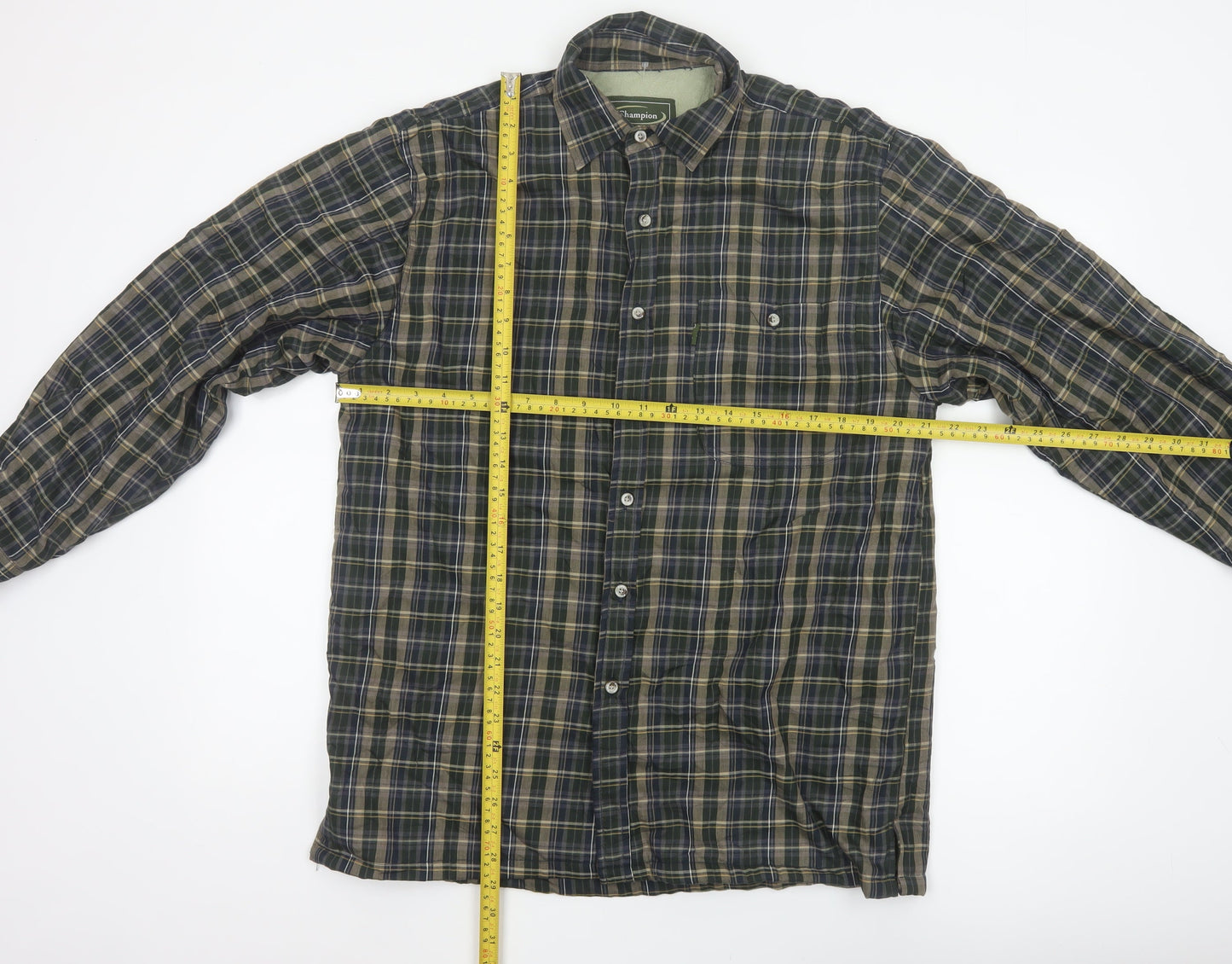 Champion Men's Green Check Lined Long Sleeve Button-Up Shirt M