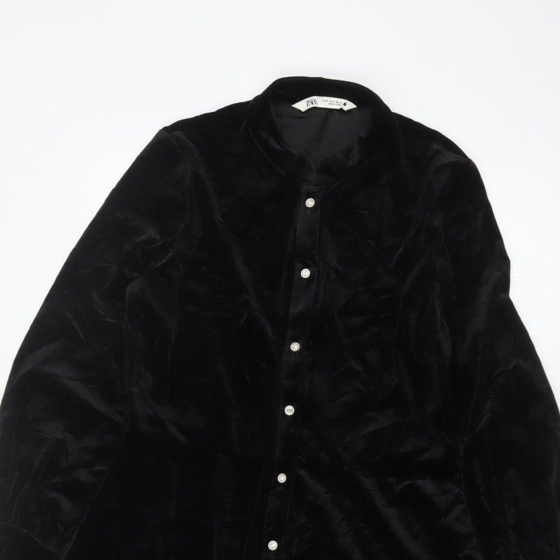 Zara Women Black M Velvet Fit & Flare Button Shirt Dress