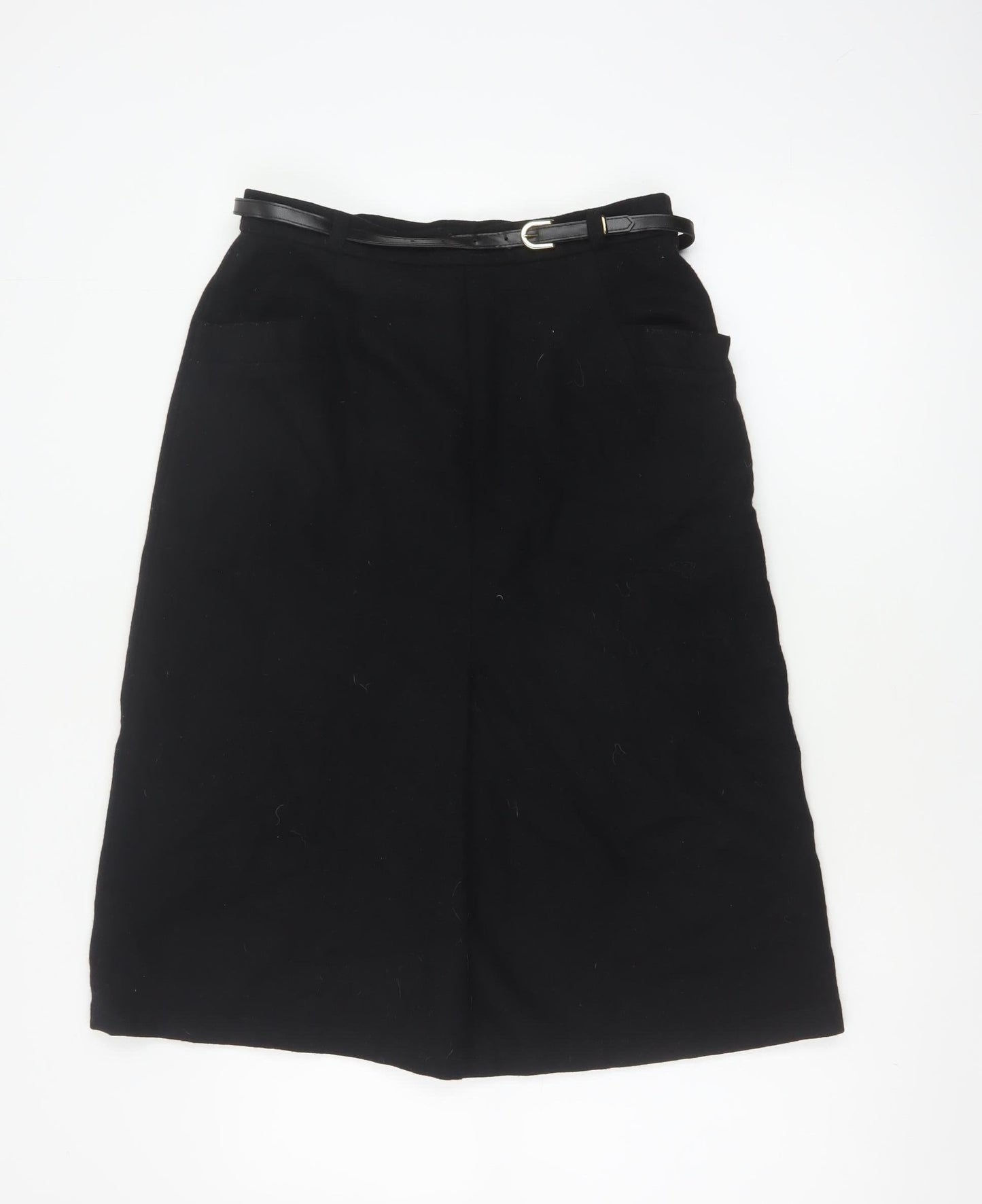 BHS Women’s Black Wool Blend A-Line Knee Length Belted Skirt UK 14