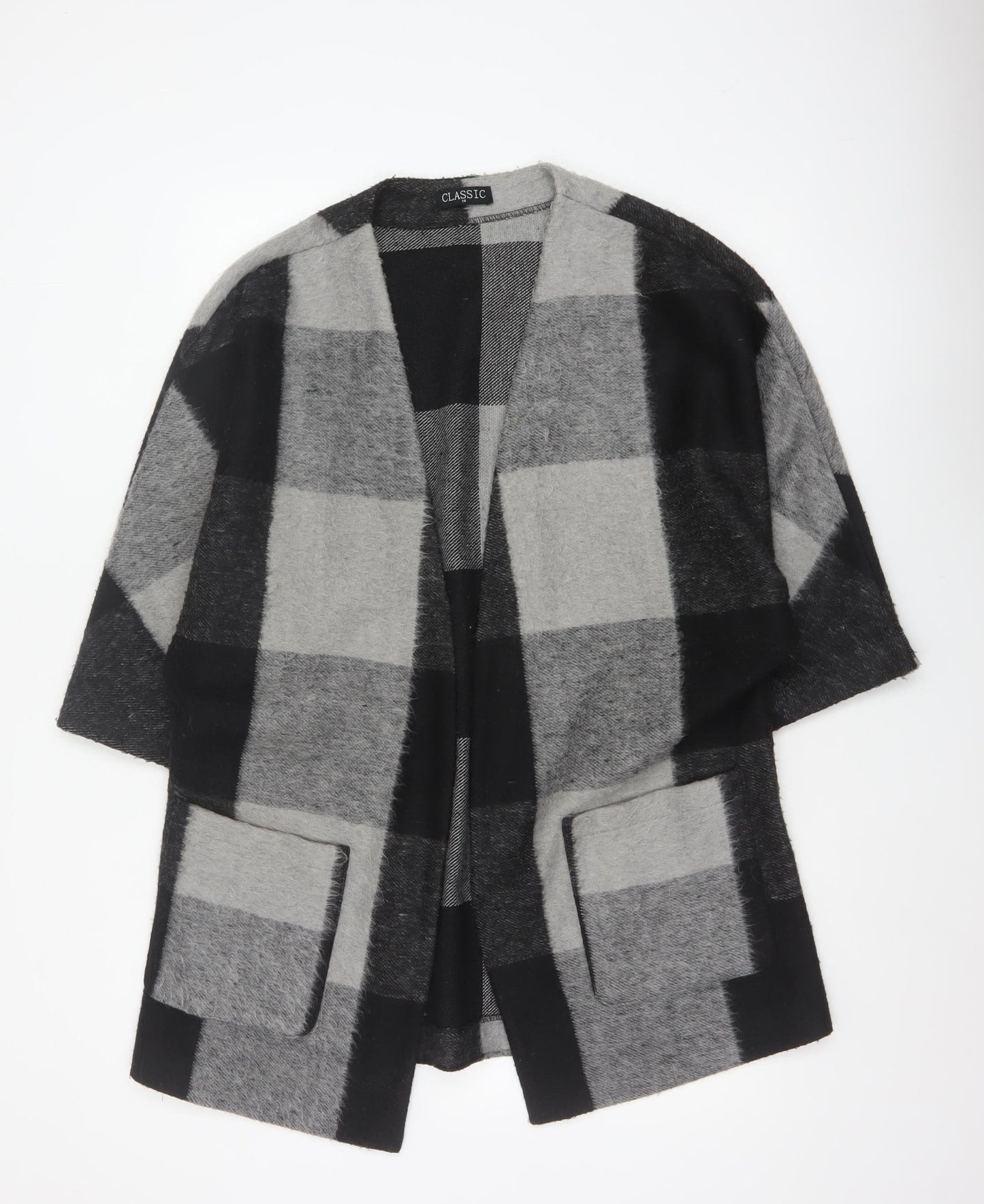Classic Women’s Grey Black Size 14 Check Open Coatigan Pockets
