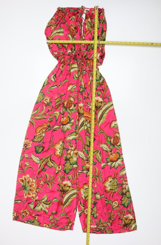 Zara Women Pink Floral Wide-Leg Jumpsuit UK 12 Tropical